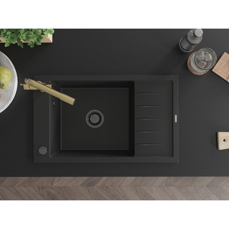 Mexen Elias granitinė kriauklė su 1 skyriumi, lašintuvas ir virtuviniu maišytuvu Duero, juoda - 6511-77-671600-50-B