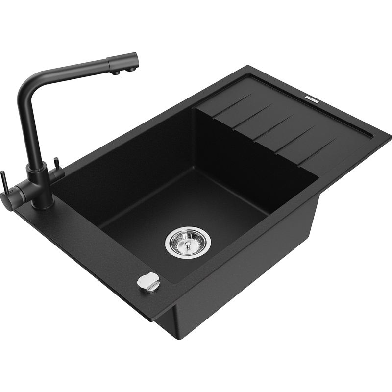 Mexen Elias vienos kameros granito plautuvė su nutekėjimu ir virtuviniu maišytuvu Duero, juoda - 6511-77-671600-70