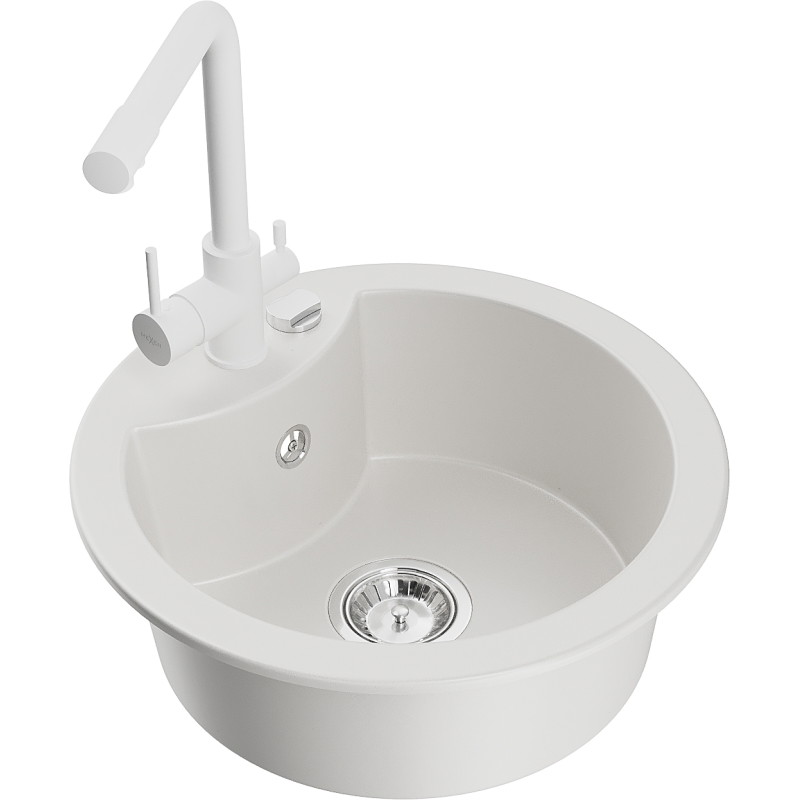 Mexen Diego granitinė vienos sekcijos kriauklė su virtuviniu maišytuvu Duero, balta - 6512-20-671600-20