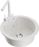 Mexen Diego granito plautuvė 1 skyrius su virtuvės čiaupu Duero, balta - 6512-20-671600-20