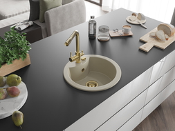 Mexen Diego granitinis vienos kameros virtuvės praustuvas su Duero maišytuvu, smėlio spalvos - 6512-69-671600-50