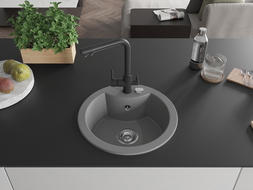 Mexen Diego granito plautuvė 1-dubinė su virtuvės maišytuvu Duero, pilkas - 6512-71-671600-70