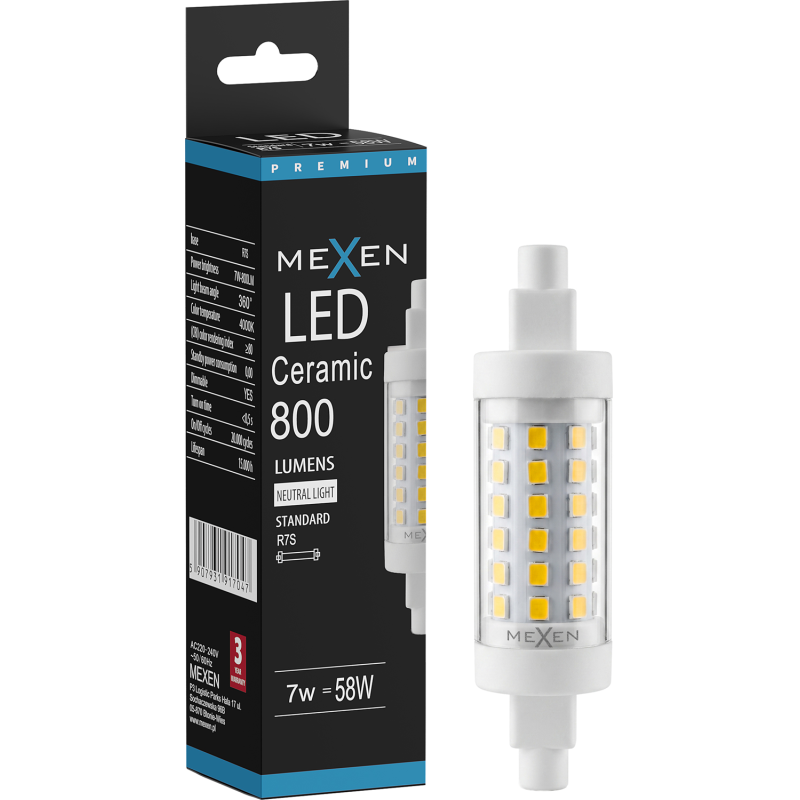 Mexen Vega LED lemputė su reguliuojamu ryškumu R7S, 7W, neutrali - 4000K, 800 lm - L125-R7S-0740-01