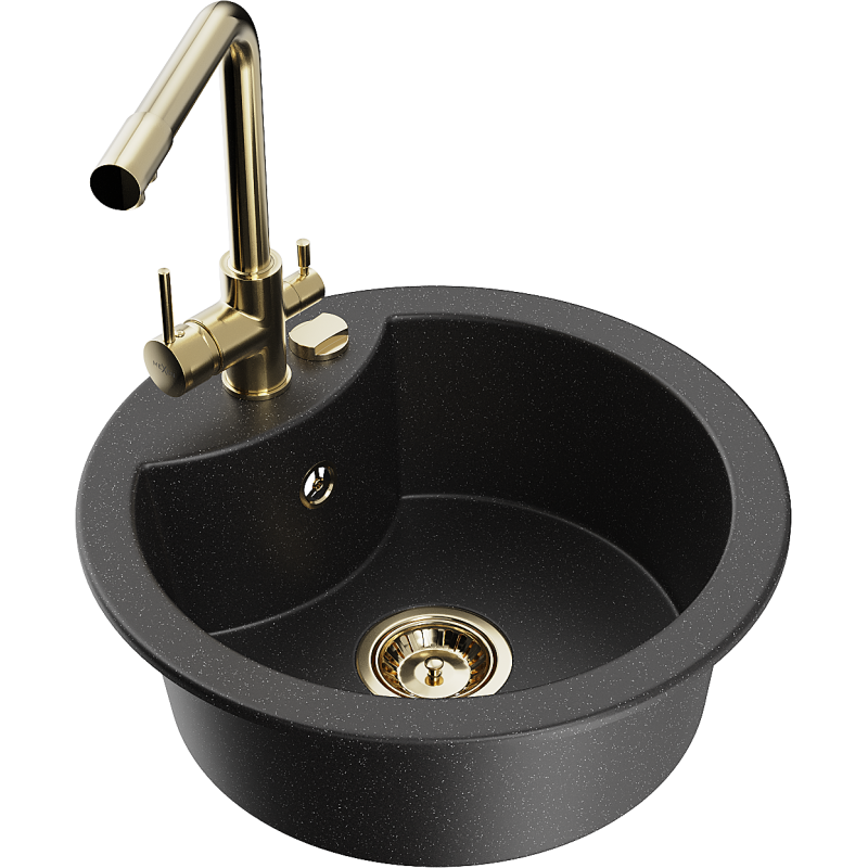 Mexen Diego granitinė vienašmenė plautuvė su virtuviniu maišytuvu Duero, juodas/sidabrinis metalikas - 6512-73-671600-50