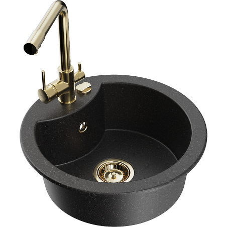 Mexen Diego granitinė vienašmenė plautuvė su virtuviniu maišytuvu Duero, juodas/sidabrinis metalikas - 6512-73-671600-50