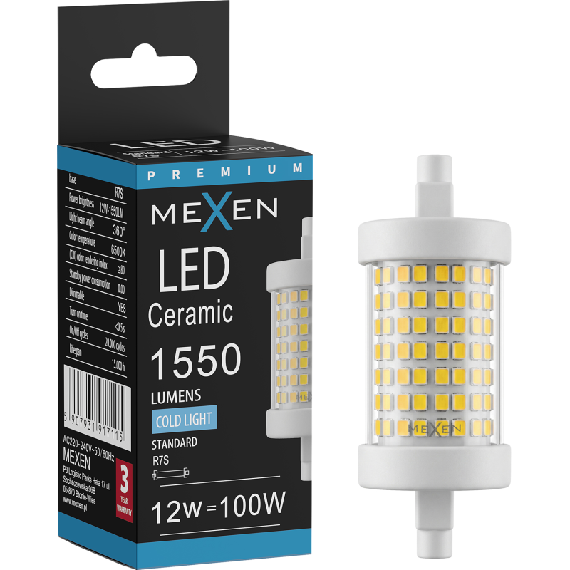 Mexen Vega LED lemputė su ryškumo reguliavimu R7S, 12W, Šalta - 6500K, 1550 lm - L125-R7S-1265-01