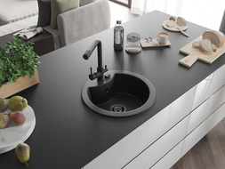 Mexen Diego granitinė vienos kameros kriauklė su virtuviniu maišytuvu Duero, juoda/sidabrinis metalikas - 6512-73-671600-70-B