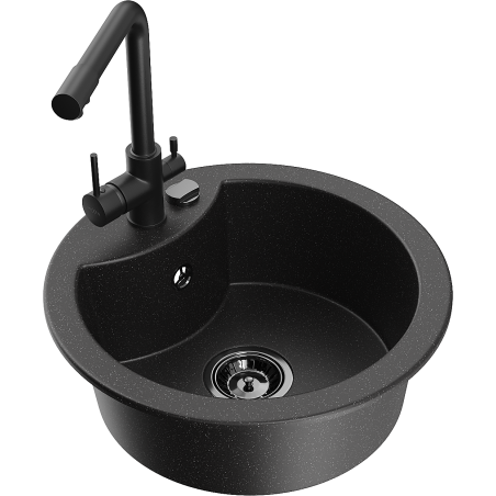 Mexen Diego granitinė vienos kameros kriauklė su virtuviniu maišytuvu Duero, juoda/sidabrinis metalikas - 6512-73-671600-70-B