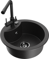 Mexen Diego granitinė vienos kameros kriauklė su virtuviniu maišytuvu Duero, juoda/sidabrinis metalikas - 6512-73-671600-70-B