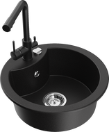 Mexen Diego granitinė vienos kameros kriauklė su virtuvės maišytuvu Duero, juoda - 6512-77-671600-70