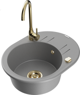 Mexen Kevin vienos plautuvės granito kriauklė su nusausinimo lenta ir virtuviniu maišytuvu Telma, pilkas - 6517-71-670200-50