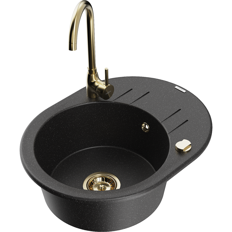 Mexen Kevin granitinė plautuvė su vienu dubeniu ir nusausinimo paviršiumi bei Telma virtuviniu maišytuvu, juoda/sidabrinė