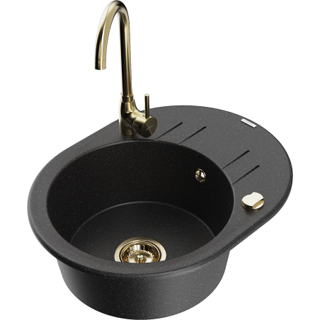 Mexen Kevin granitinė plautuvė su vienu dubeniu ir nusausinimo paviršiumi bei Telma virtuviniu maišytuvu, juoda/sidabrinė