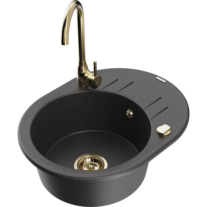 Mexen Kevin granitinė plautuvė su viena kamera, nutekamuoju plotu ir Telma virtuviniu maišytuvu, juoda su taškeliais