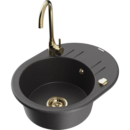 Mexen Kevin granitinė plautuvė su viena kamera, nutekamuoju plotu ir Telma virtuviniu maišytuvu, juoda su taškeliais