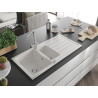 Mexen Andres granitinė dviejų dalių plautuvė su nuvarvėjimo lenta ir virtuviniu maišytuvu Duero, balta - 6515-20-671600-00