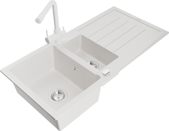 Mexen Andres granito plautuvė 1,5 kamerų su nubėgėju ir virtuvės maišytuvu Duero, balta - 6515-20-671600-20