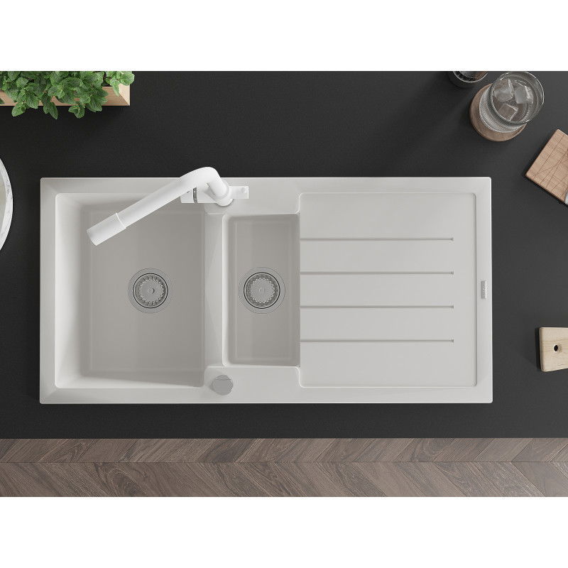 Mexen Andres granito plautuvė 1,5 kamerų su nubėgėju ir virtuvės maišytuvu Duero, balta - 6515-20-671600-20