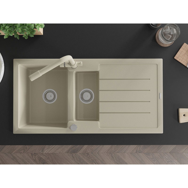 Mexen Andres granitinis plautuvės 1,5 skylių su nusausinimu ir virtuvės kranu Duero, smėlio spalvos - 6515-69-671600-69