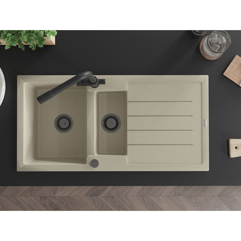 Mexen Andres granitinė 1,5 kamerų plautuvė su drenažu ir virtuviniu maišytuvu Duero, smėlio spalvos - 6515-69-671600-70