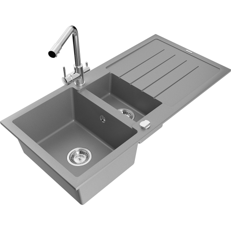 Mexen Andres granitinė 1,5 skylių kriauklė su nutekėjimu ir virtuvės maišytuvu Duero, pilka - 6515-71-671600-00