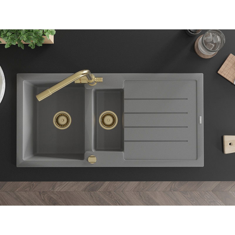 Mexen Andres granitinis virtuvės kriauklė 1,5 kamerų su džiovyklė ir virtuvės maišytuvas Duero, pilkas - 6515-71-671600-50