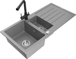 Mexen Andres granitinis plautuvė 1,5 kameros su nutekėjimu ir Duero virtuvės maišytuvu, pilkas - 6515-71-671600-70