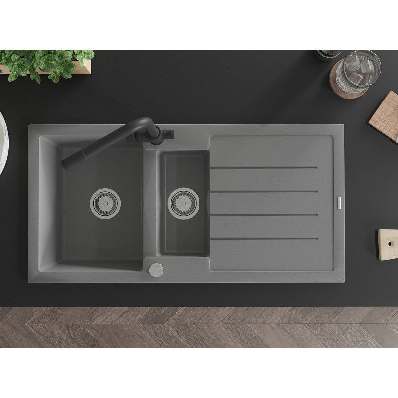 Mexen Andres granitinis plautuvė 1,5 kameros su nutekėjimu ir Duero virtuvės maišytuvu, pilkas - 6515-71-671600-70