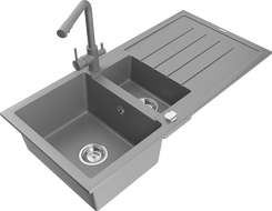 Mexen Andres granitinė plautuvė 1,5 kamerų su nuvarvėjimo zona ir virtuviniu maišytuvu Duero, pilka - 6515-71-671600-71