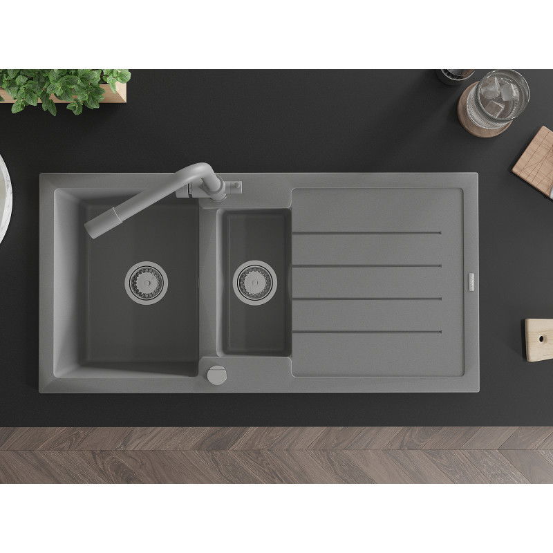 Mexen Andres granitinė plautuvė 1,5 kamerų su nuvarvėjimo zona ir virtuviniu maišytuvu Duero, pilka - 6515-71-671600-71