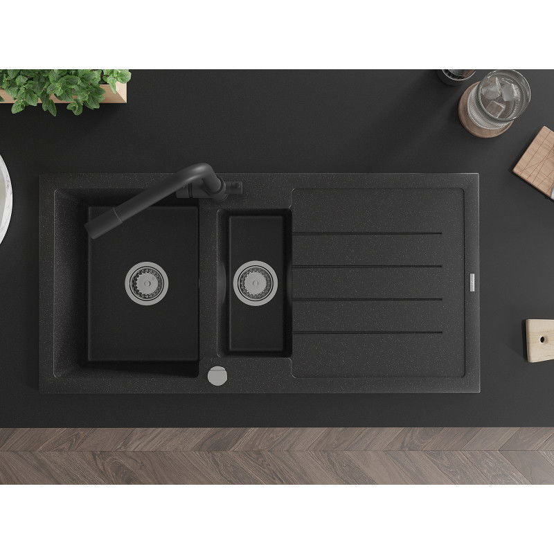 Mexen Andres granitinis virtuvės kriauklė 1,5 su lašintuvu ir virtuviniu maišytuvu Duero, juoda/sidabrinė - 6515-73-671600-70