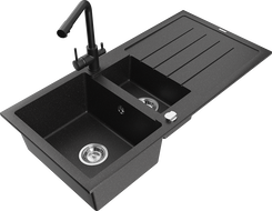 Mexen Andres granitinis virtuvės kriauklė 1,5 su lašintuvu ir virtuviniu maišytuvu Duero, juoda/sidabrinė - 6515-73-671600-70