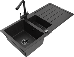 Mexen Andres granitinė 1,5 kamerų kriauklė su nusausintoju ir virtuviniu maišytuvu Duero, juoda/sidabrinė