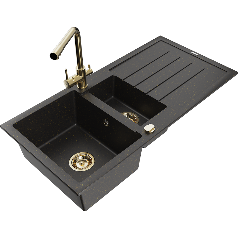 Mexen Andres granitinė 1,5 kamerų plautuvė su nusausintuvu ir virtuvės maišytuvu Duero, juoda/auksinė - 6515-75-671600-50