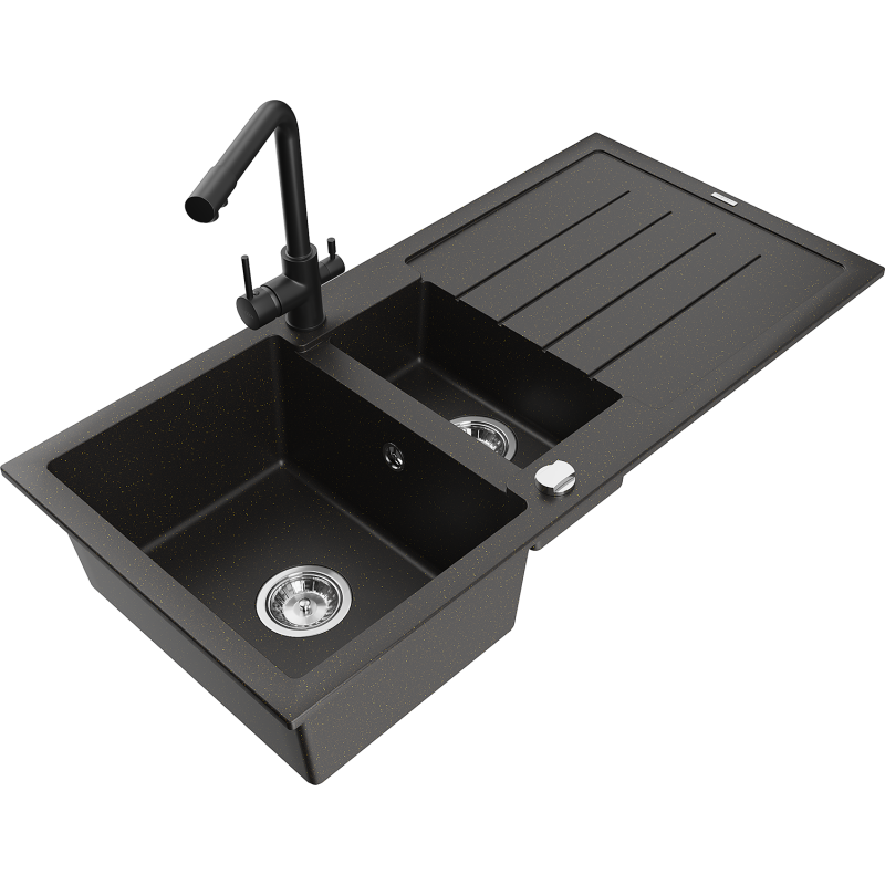 Mexen Andres granitinė kriauklė 1,5 skylių su nutekamuoju ir virtuviniu kranu Duero, juodas/auksinis - 6515-75-671600-70