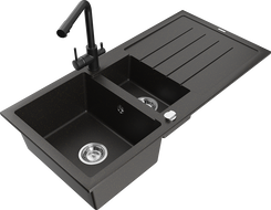 Mexen Andres granitinė kriauklė 1,5 skylių su nutekamuoju ir virtuviniu kranu Duero, juodas/auksinis - 6515-75-671600-70