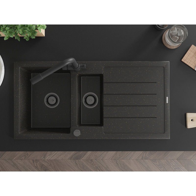 Mexen Andres granitinė 1,5 skyrių plautuvė su nusausintuvu ir virtuvės maišytuvu Duero, juoda/aukso - 6515-75-671600-70-B