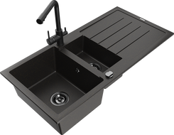 Mexen Andres granitinė 1,5 skyrių plautuvė su nusausintuvu ir virtuvės maišytuvu Duero, juoda/aukso - 6515-75-671600-70-B