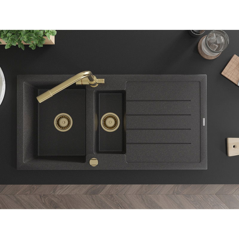 Mexen Andres granitinis plautuvas 1,5 kamerų su nusausintuvu ir virtuviniu čiaupu Duero, juodas dėmėtas - 6515-76-671600-50