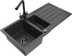 Mexen Andres granitinė 1,5 kamerų plautuvė su nutekėjimu ir virtuviniu maišytuvu Duero, juodas dėmėtasis - 6515-76-671600-70-B