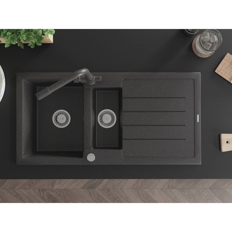 Mexen Andres 1,5 skylių granitinė virtuvė su nutekėjimo zona ir Duero juoda maišytuvu - 6515-76-671600-76