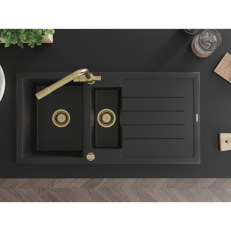 Mexen Andres granitinis plautuvės 1,5 kameros su nutekėjimu ir virtuviniu maišytuvu Duero, juodas - 6515-77-671600-50