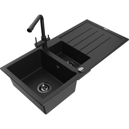 Mexen Andres granitinis plautuvės 1,5-skylių su nutekėjimu ir virtuviniu maišytuvu Duero, juodas - 6515-77-671600-70-B