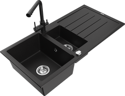 Mexen Andres granitinė plautuvė 1,5 skylių su nuotėkiu ir virtuviniu maišytuvu Duero, juoda - 6515-77-671600-70