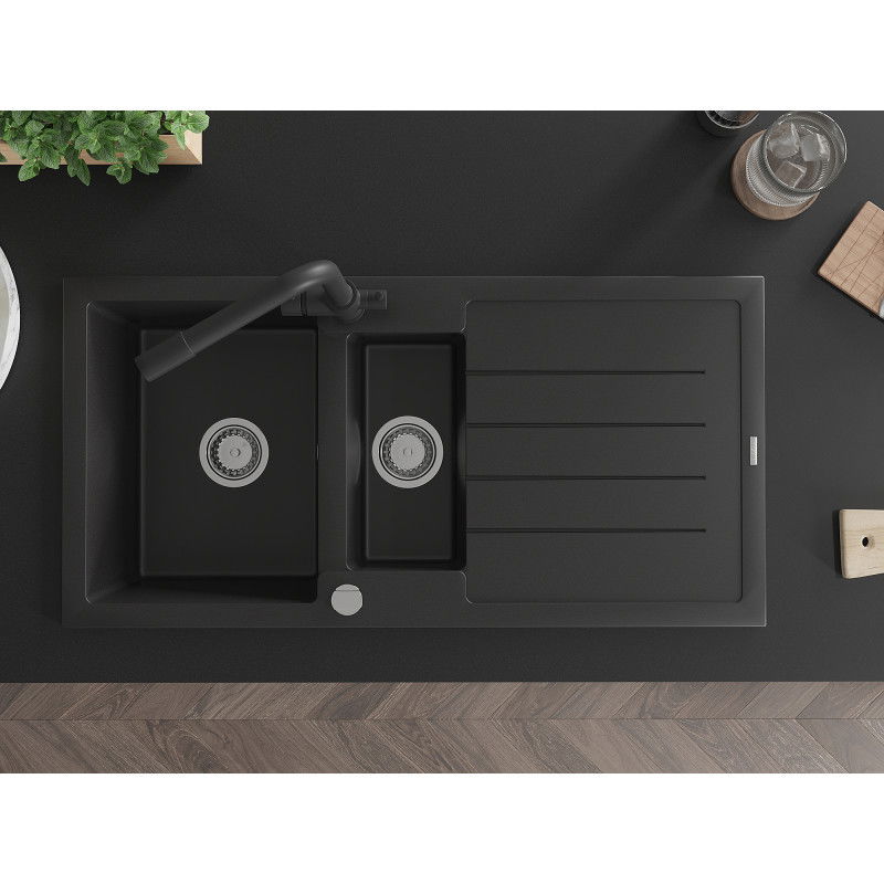 Mexen Andres granitinė plautuvė 1,5 skylių su nuotėkiu ir virtuviniu maišytuvu Duero, juoda - 6515-77-671600-70