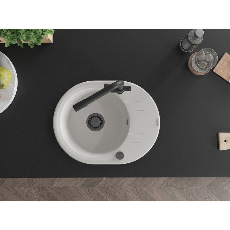 Mexen Kevin granito plautuvė 1 skyriumi su nutekėjimu ir virtuviniu čiaupu Duero, baltas - 6517-20-671600-70