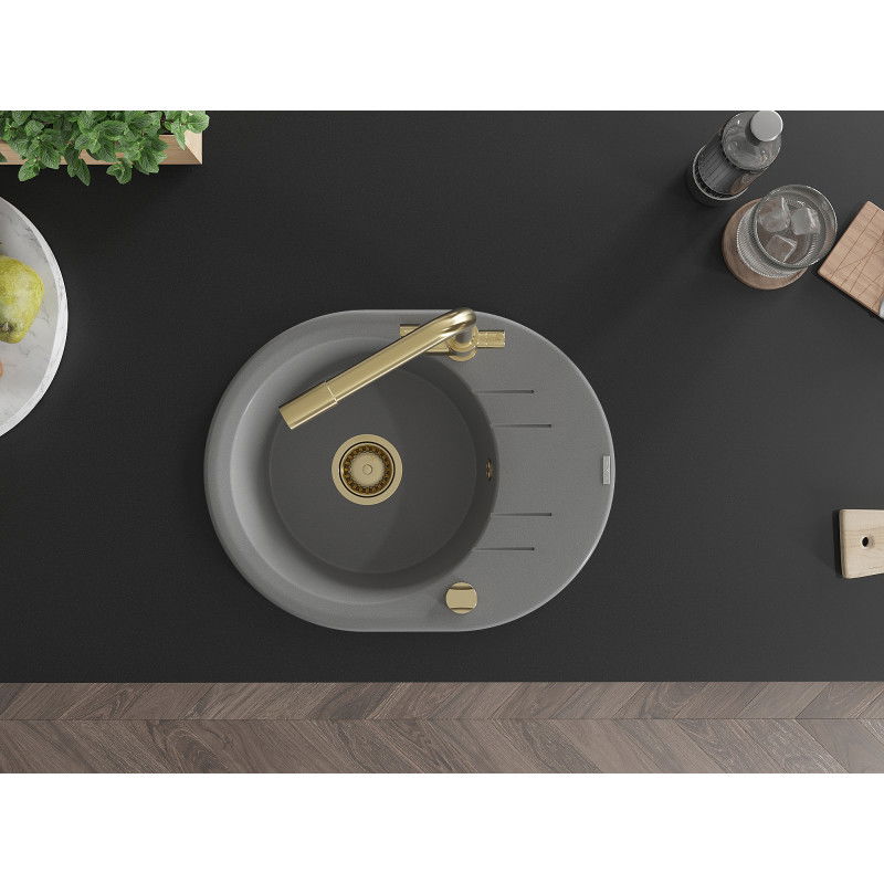 Mexen Kevin granitinė vienos plautuvės kriauklė su lašintuvu ir virtuviniu maišytuvu Duero, pilka - 6517-71-671600-50