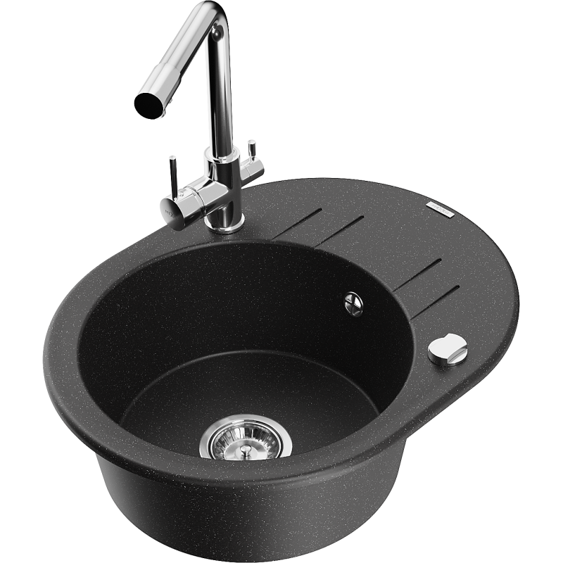 Mexen Kevin granitinė vienos kameros plautuvė su nusausinimu ir virtuviniu maišytuvu Duero, juoda/sidabrinė metalo spalva