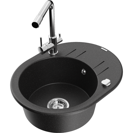 Mexen Kevin granitinė vienos kameros plautuvė su nusausinimu ir virtuviniu maišytuvu Duero, juoda/sidabrinė metalo spalva