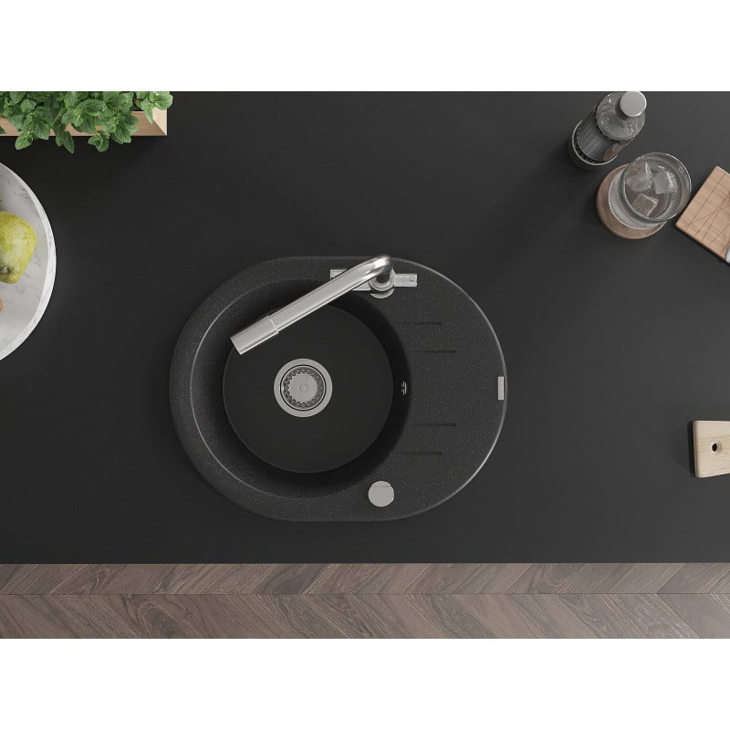 Mexen Kevin granitinė vienos kameros plautuvė su nusausinimu ir virtuviniu maišytuvu Duero, juoda/sidabrinė metalo spalva
